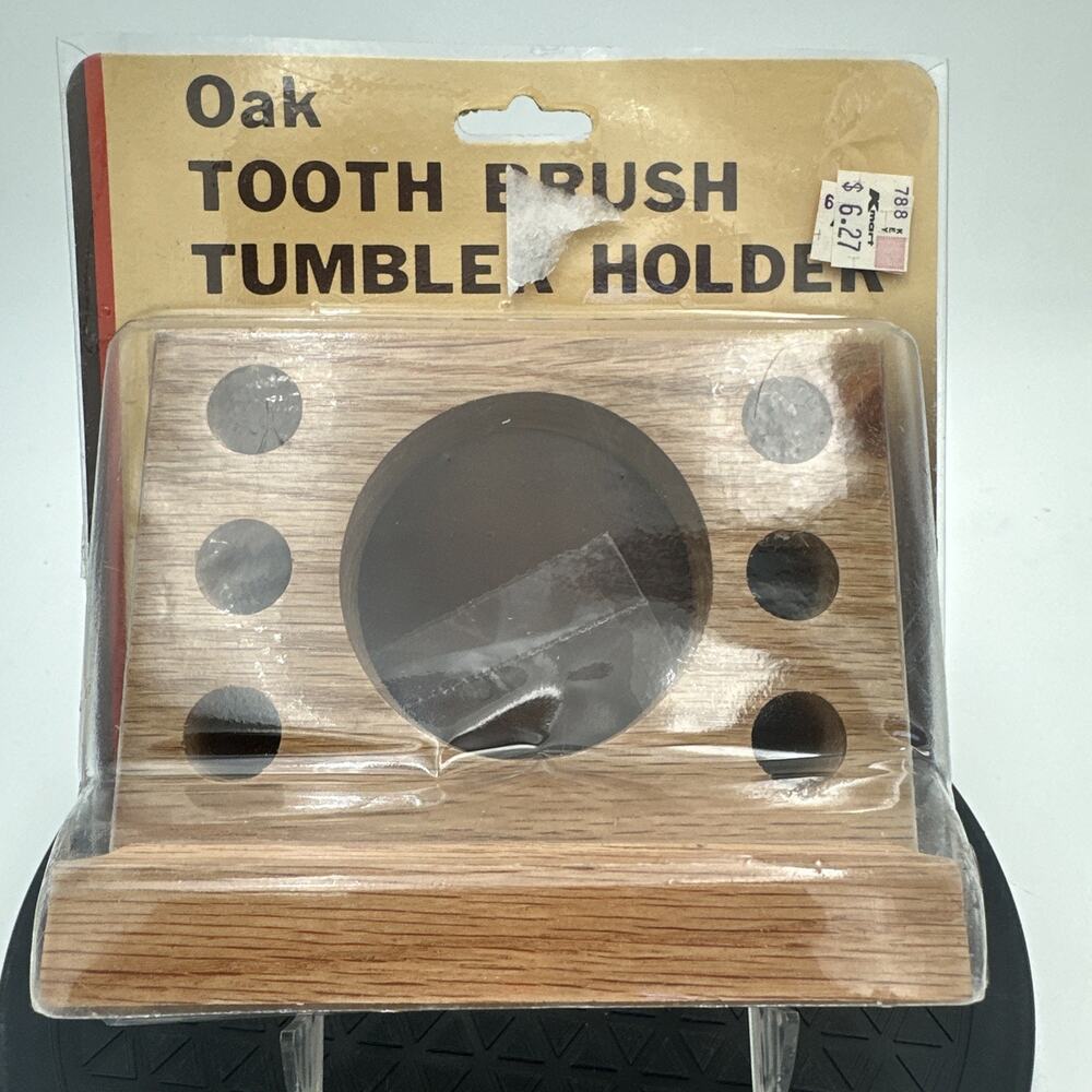 Vintage OAK Wood Toothbrush and Tumbler Holder New K-Mart NIP